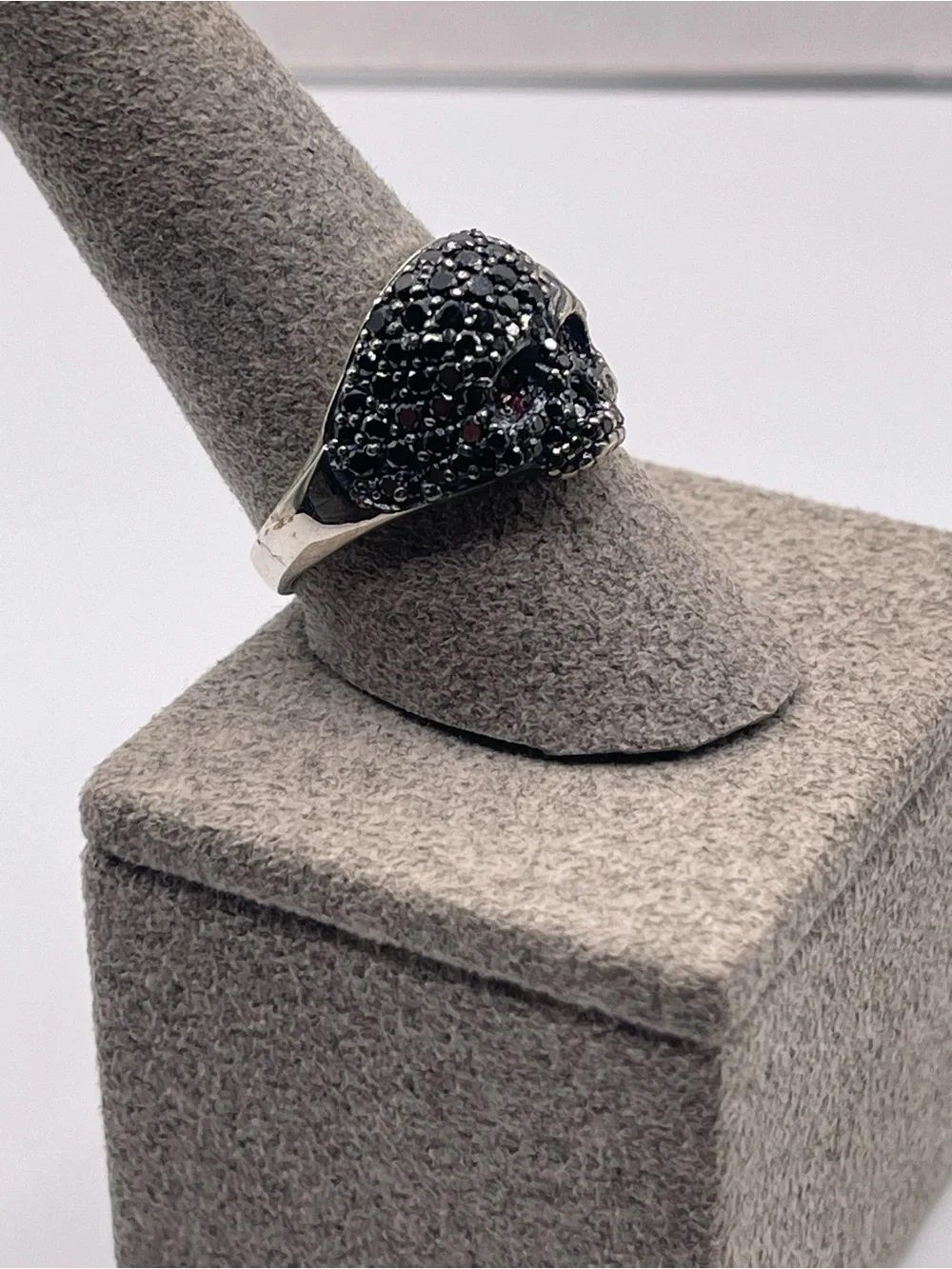 David Yurman Sterling Silver Skull Ring with Black Diamonds and Rubies